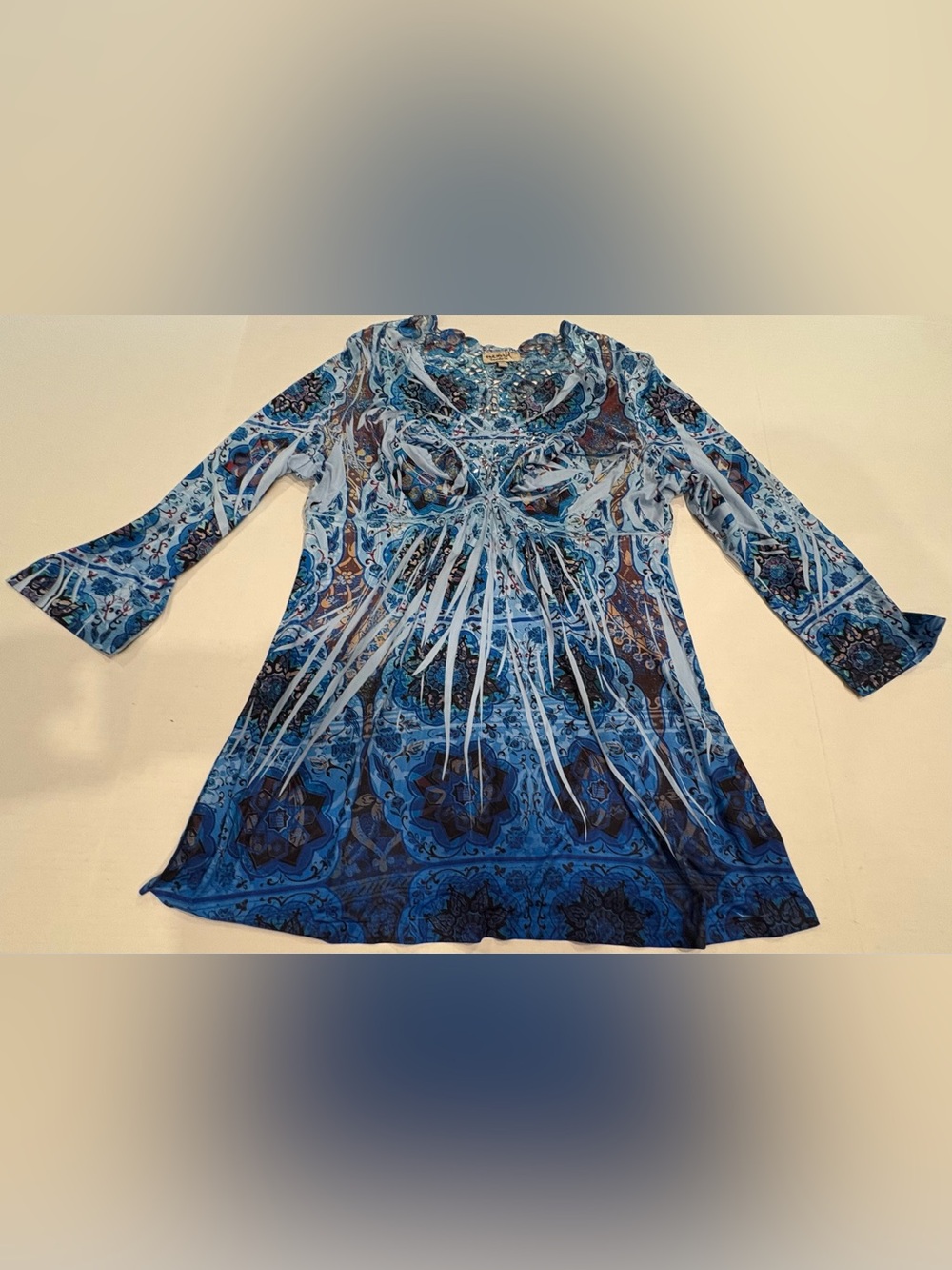 ONE WORLD Blue Paisley & Medallion Print Long Sleeve Tunic